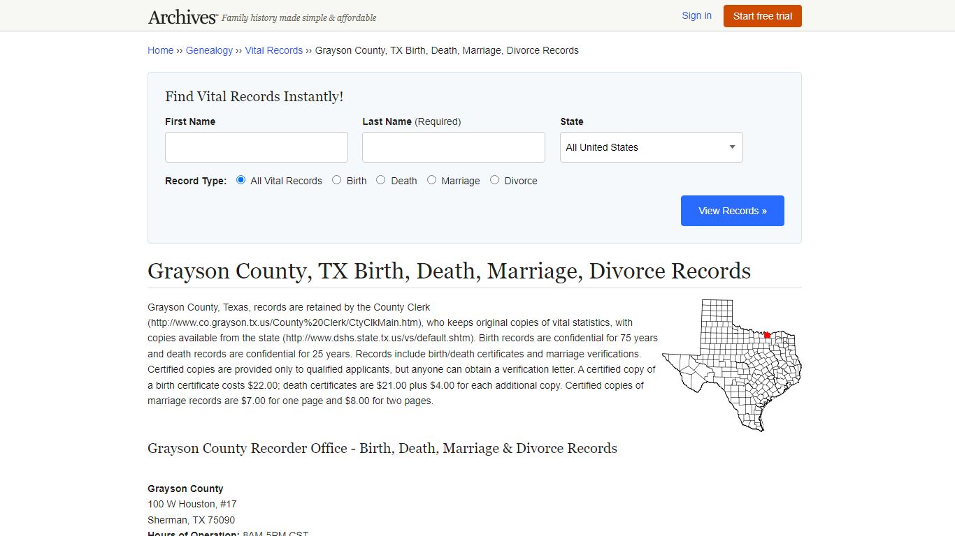 Grayson County, TX Birth, Death, Marriage, Divorce Records